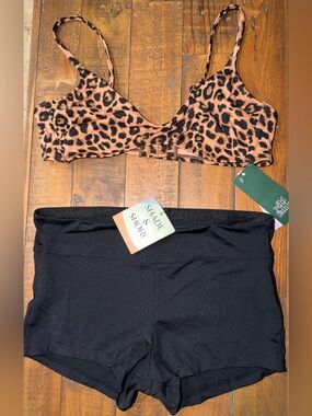 Shade & Shore Leopard Print Bralette with Black Swim Shorts